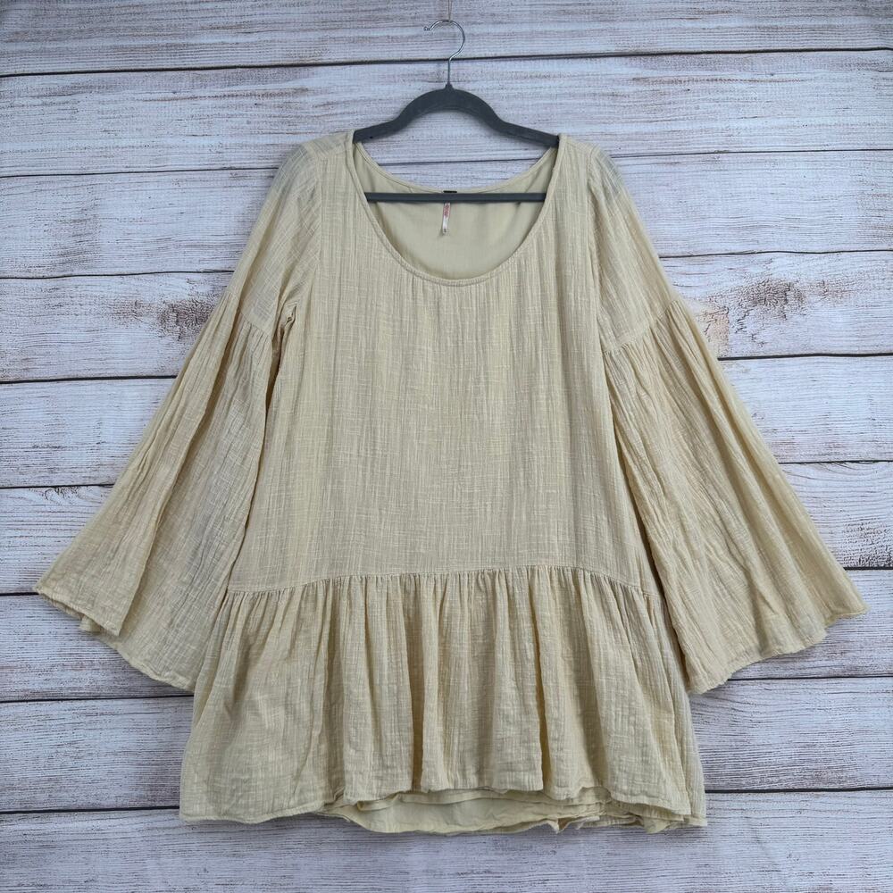 Free People BOHO Oversized Tunic Shirt Dress Womens‎ Medium Yellow Flared Sleeve